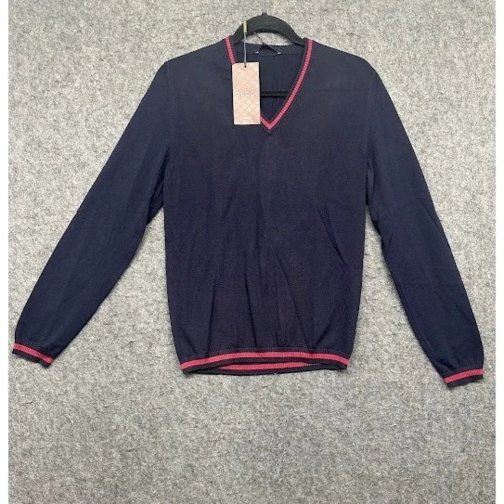 Neck, Sweater, Size S, Navy Blue, Red Trim, Cotton, Italy y NWT.